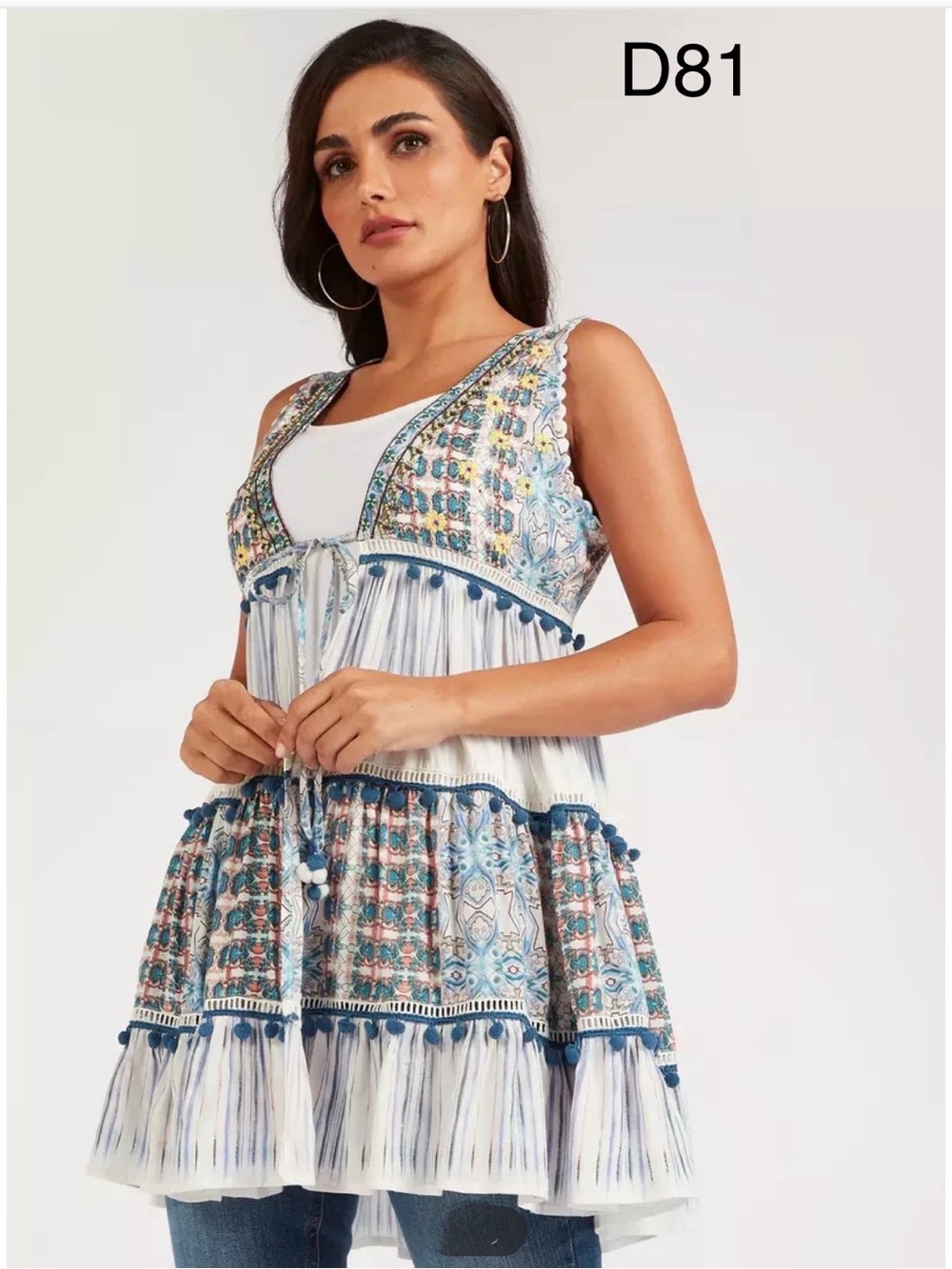 Sleeveless Boho Embroidered Tiered Tunic in Blue and White, Size Small